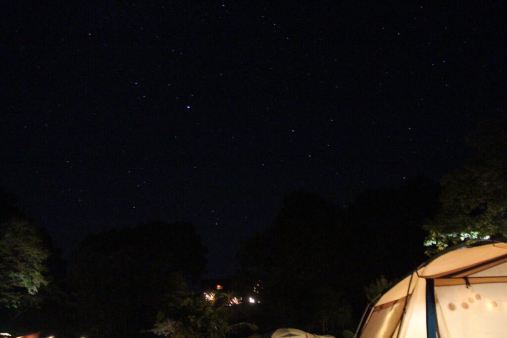 星の降る森 テントと星空